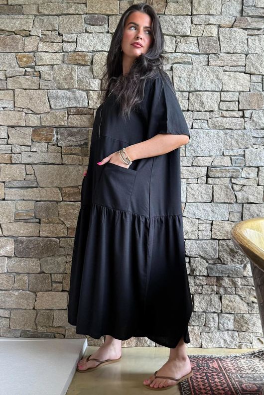 Rustic Nature Linen Blend Smock T Shirt Dress Black